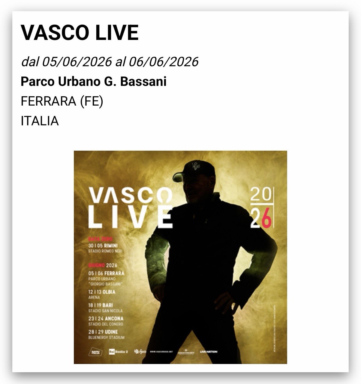 VASCO LIVE 2026 | FERRARA | 6 GIUGNO