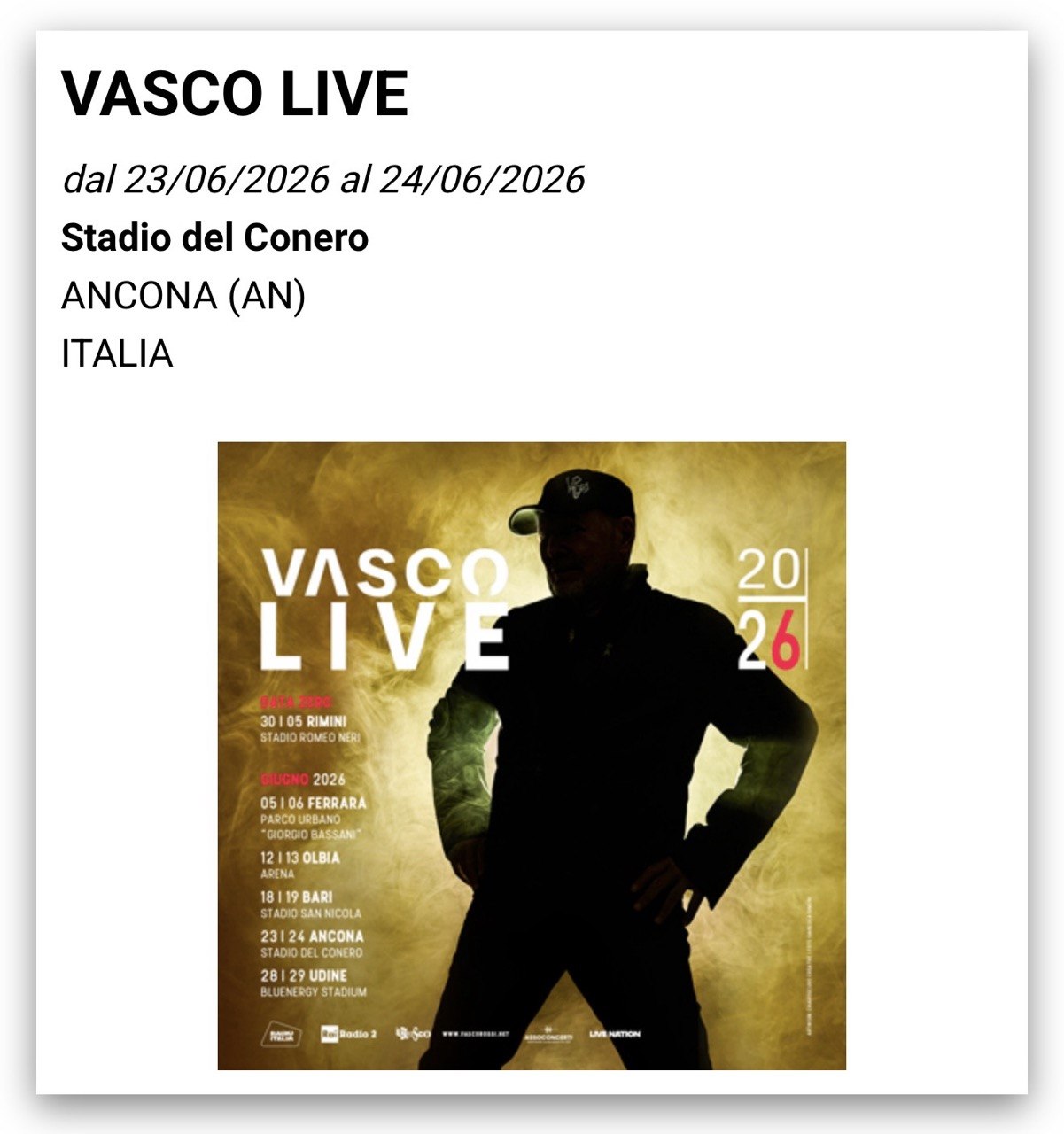 VASCO LIVE 2026 | ANCONA | 24 GIUGNO