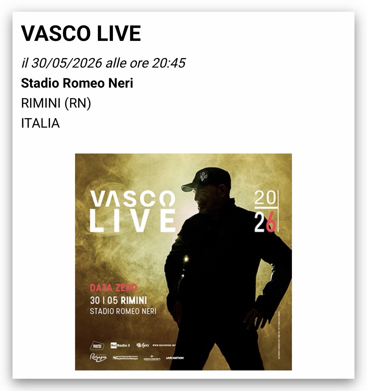 VASCO LIVE 2026 | RIMINI | 30 MAGGIO