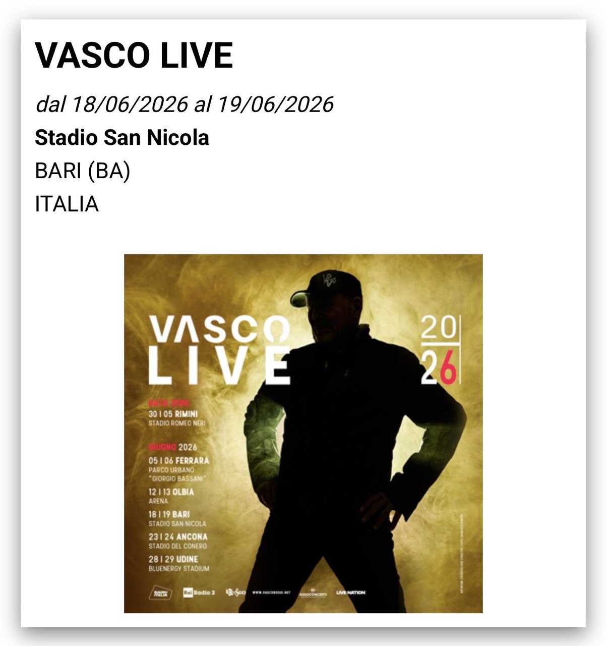 VASCO LIVE 2026 | BARI | 18 GIUGNO