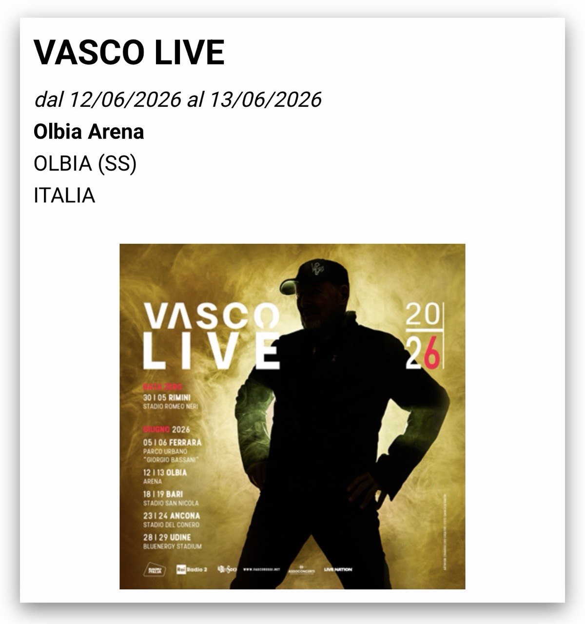 VASCO LIVE 2026 | OLBIA | 12 GIUGNO